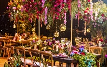 Tables, chairs and place settings at a wedding reception with sophisticated lighting and floral arrangements