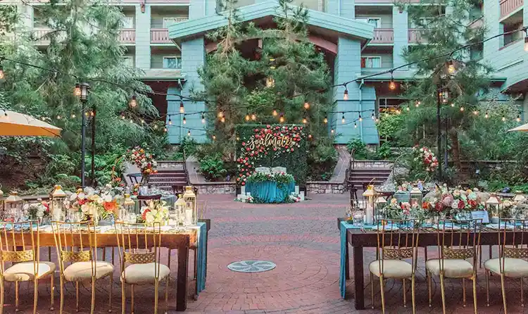 A courtyard with dining tables, chairs, flowers, hanging lights and trees