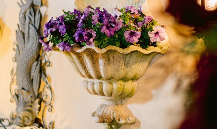 A wall planter holding a floral arrangement next to a fountain at the Magnolia Park Terrace wedding venue