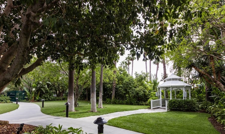 Pathways through the Adventure Lawn featuring a gazebo at Disneyland Hotel