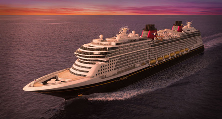 The Disney Destiny ship sailing on calm waters at sunset