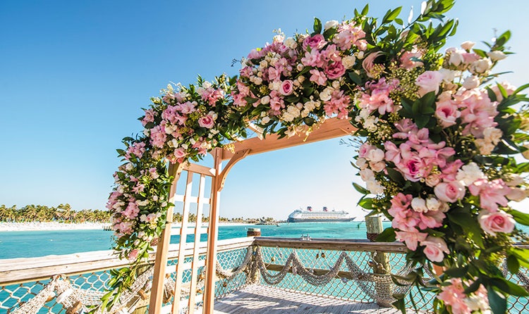 A Disney Cruise Line ship perfectly positioned through a flower covered archway