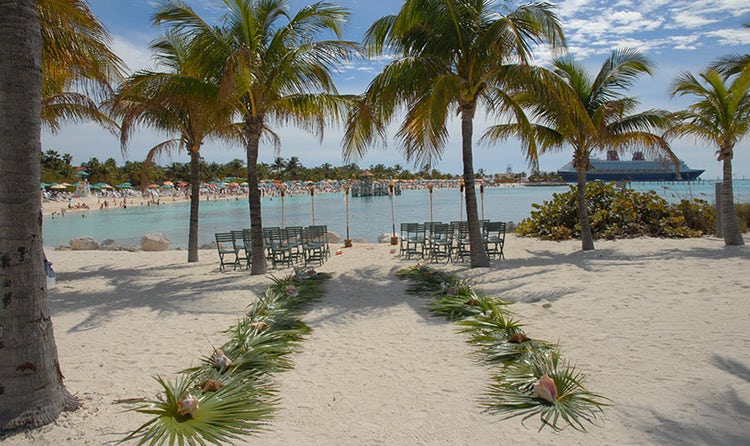 A long aisle on the beach leads towards the water