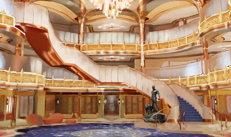 A rendering of the Disney Destiny atrium lobby with a staircase, sofas and a Black Panther statue