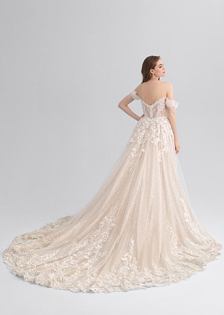 A woman looking over her shoulder wearing a lacy wedding dress with a long trail