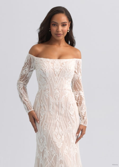An off the shoulder and long sleeved wedding dress inspired by Jasmine from Aladdin