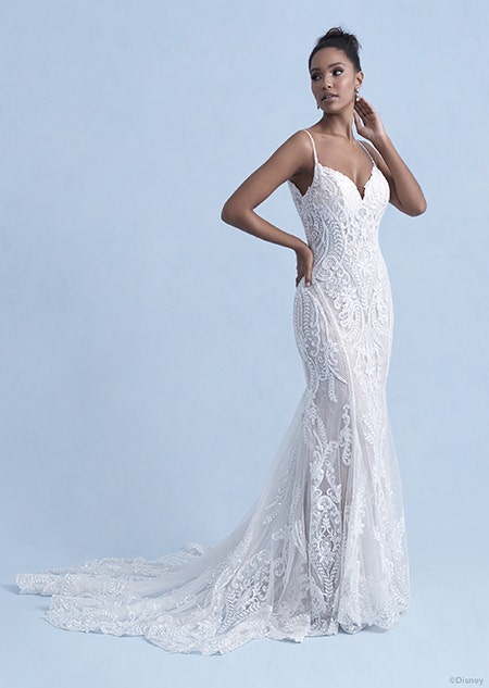 A woman in the Tiana wedding gown from the 2021 Disney Fairy Tale Weddings Collection