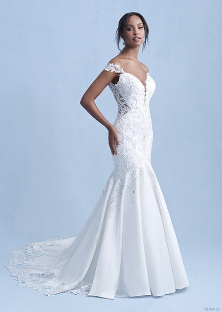 A woman wearing the Jasmine wedding gown from the 2021 Disney Fairy Tale Weddings Collection