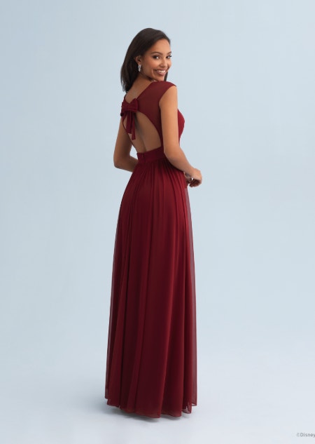 The back of a woman wearing a Snow White themed bridesmaid dress with a Queen Anne neckline