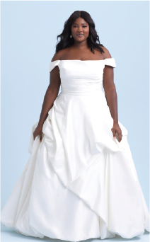 An off the shoulder wedding dress inspired by Belle from Beauty and the Beast