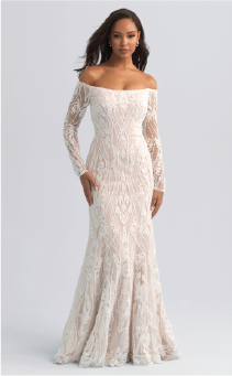 An off the shoulder and long sleeved wedding dress inspired by Jasmine from Aladdin