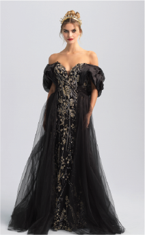 A black and gold off the shoulder wedding dress inspired by the Evil Queen