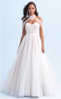 A woman wearing a beaded and form fitting wedding dress