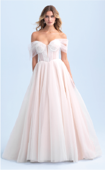 An off the shoulder wedding dress inspired by Aurora from Sleeping Beauty
