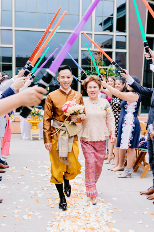 lgbtq, aisle, wedding ceremony, lightsaber welcome, thai wedding, thai outfits, groom, mother of groom, parkview terrace, disneyland