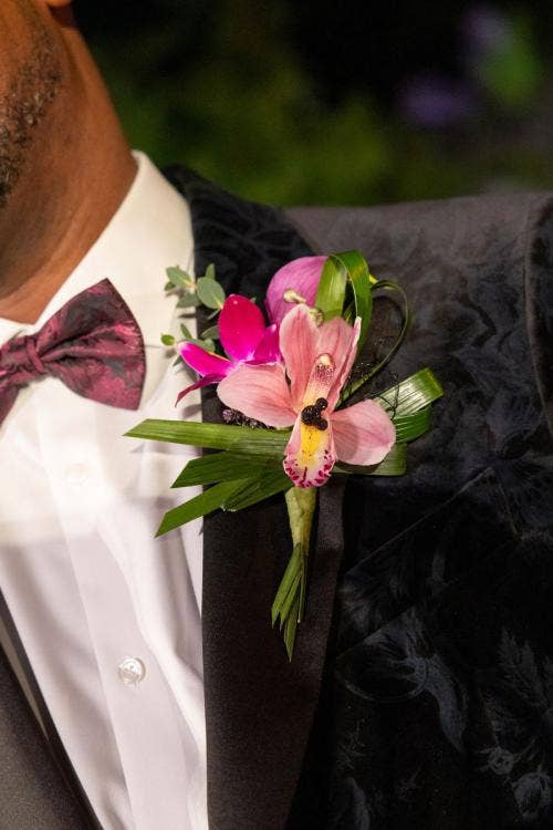 groom, floral, boutonniere, pink floral, pink boutonniere, hidden mickey