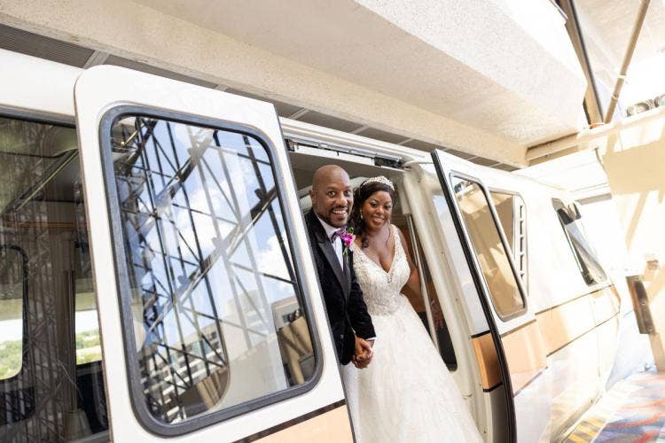bride and groom, couple, portrait, couple portrait, monorail, contemporary, contemporary resort