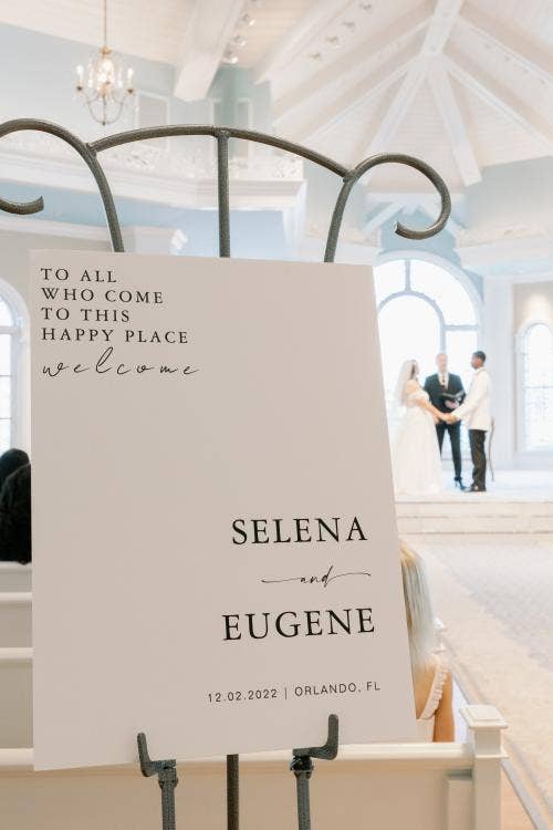 wedding ceremony, ceremony, welcome sign, sign, ceremony sign, Disney's wedding pavilion, wedding pavilion