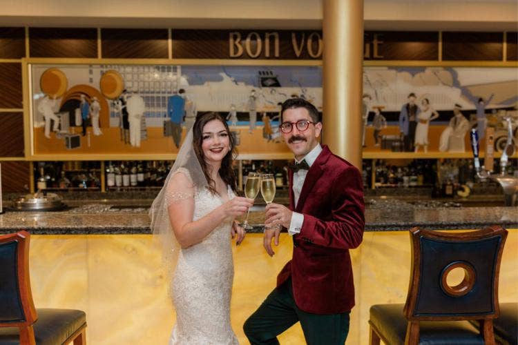 bride and groom, couple, portrait, couple portrait, cheers, champagne, bon voyage, candid, disney cruise line, disney cruise, cruise line, cruise, cruise wedding, disney dream