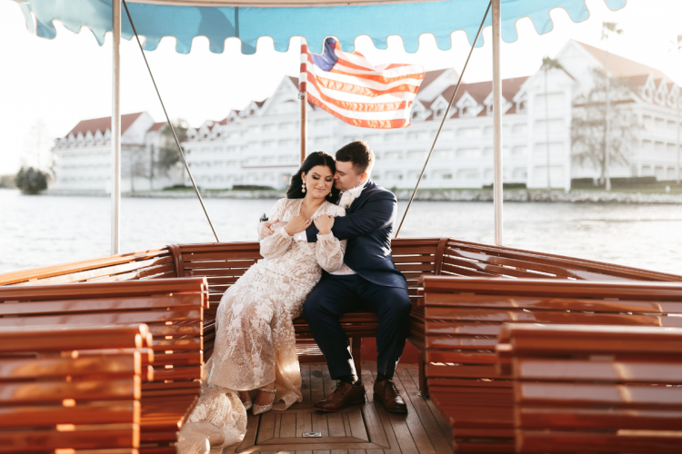 Bride and Groom, Wedding Boat, Wedding portraits on boat, Disney Wedding