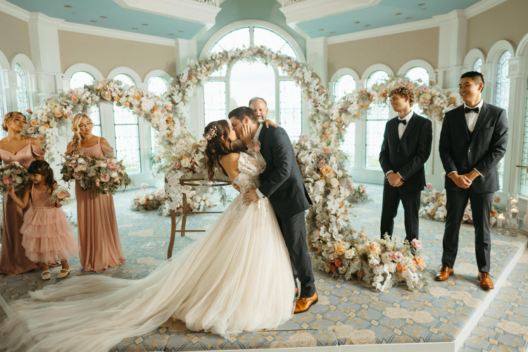 Disney Wedding, Disney's Wedding Pavilion, Walt Disney World Wedding, Bride and Groom, First Kiss, Wedding Ceremony, Ceremony Decor