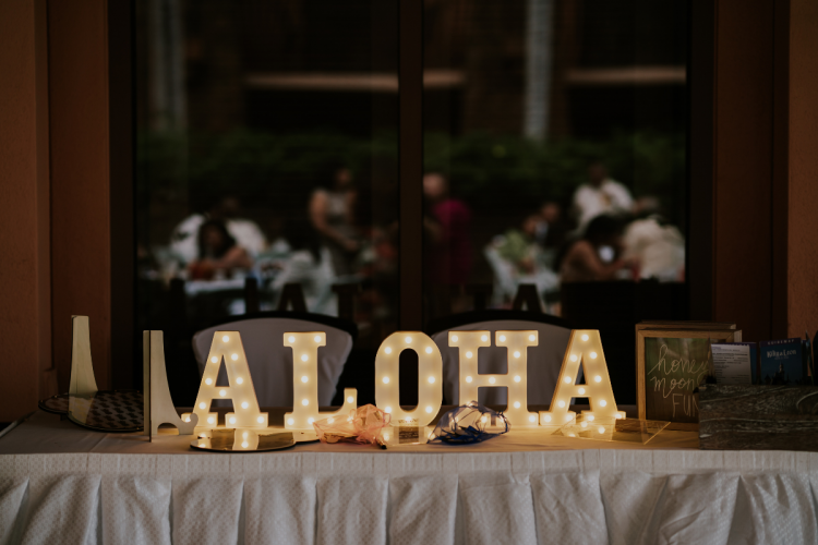 wedding reception, reception decor, sign, light up sign, letter sign, aloha sign, aloha letters, aulani, aulani wedding, hawaii