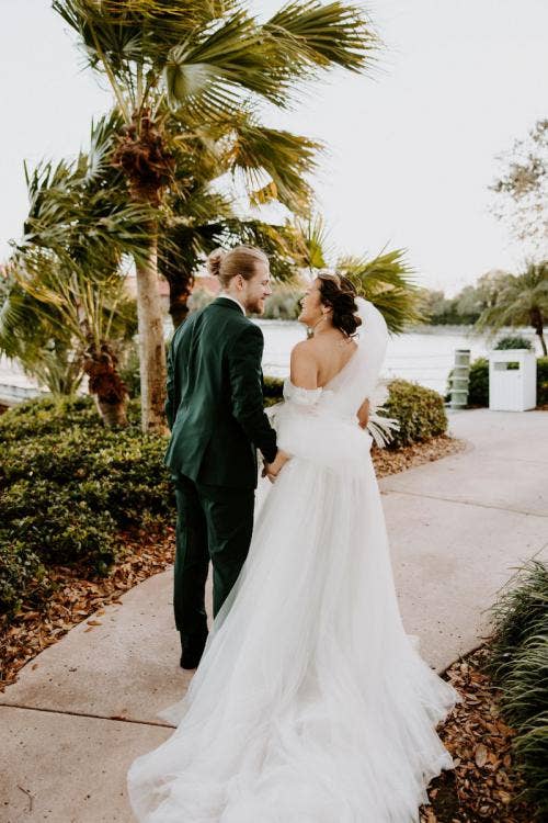 bride and groom, couple, portrait, couple portrait, Disney's grand Floridian resort, grand Floridian, Disney's wedding pavilion, wedding pavilion, picture point