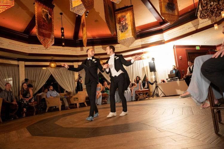 groom groom, lgbtq, lgbtq couple, first dance, dance, wedding reception, reception, disney's animal kingdom, animal kingdom, nomad lounge