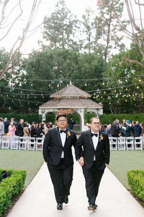 groom groom, lgbtq, lgbtq couple, exit, disneyland, disneyland hotel, rose court, rose court garden, tropical floral, tropical decor, colorful floral