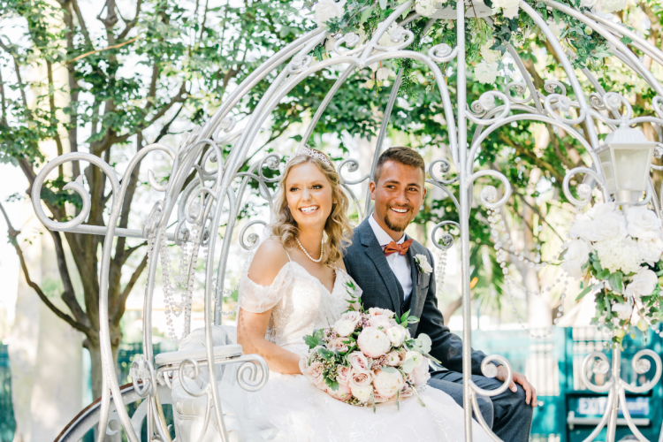 bride and groom, couple, send off, wedding ceremony, ceremony, cinderella coach, coach, rose court, rose court garden, disneyland, disneyland hotel