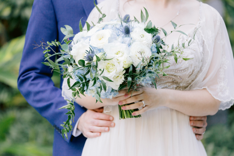 bridal bouquet, bouquet, floral, blue and white flowers, blue floral, white floral, personal floral, cinderella-inspired