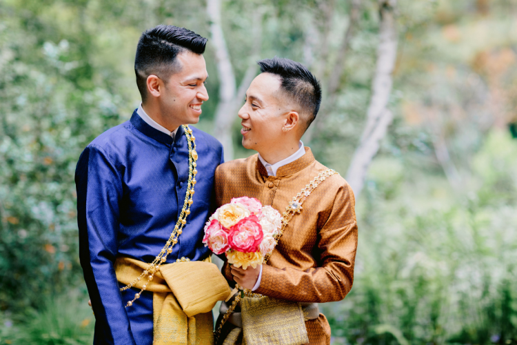 groom, groom groom, lgbtq, lgbtq couple, couple, couple photos, thai outfits, thai wedding, parkview terrace, disneyland, personal floral, floral, personal floral bouquet, bouquet