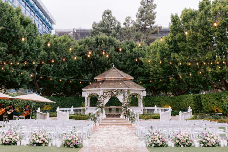 wedding ceremony, ceremony, venue shot, decorated venue shot, rose court garden, disneyland, Disneyland Hotel