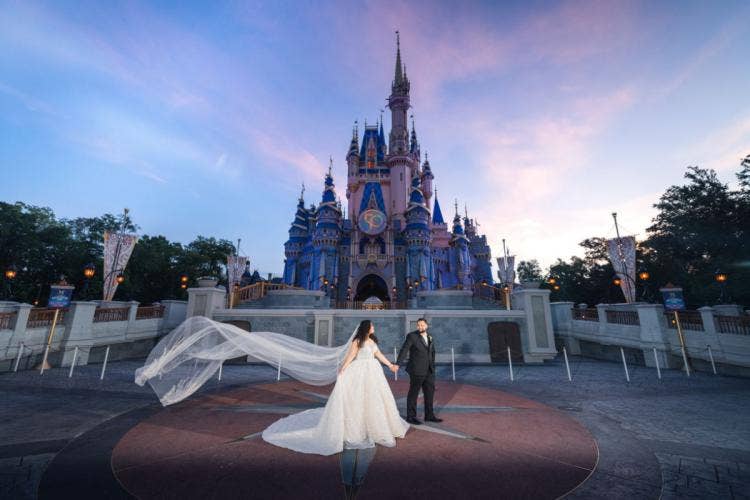 bride and groom, couple, portrait, couple portrait, magic kingdom, cinderella's castle, castle, diversity