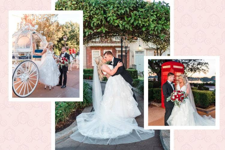 bride and groom, couple, portrait, couple portrait, uk, uk courtyard, uk pavilion, uk wedding, holiday, holiday wedding, Epcot, Epcot wedding, cinderella coach