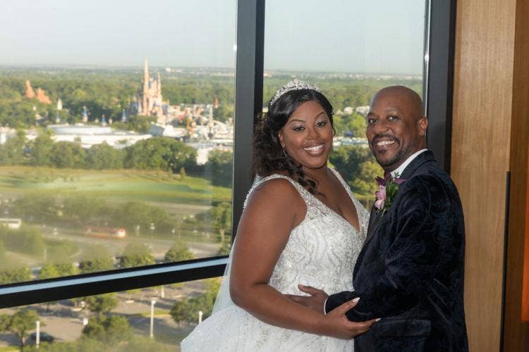 bride and groom, couple, portrait, couple portrait, breakfast reception, wedding reception, reception, contemporary, contemporary resort, california grill