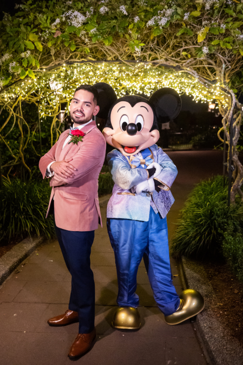 groom, groom portrait, groom and mickey, mickey, mickey mouse, character, character photo, reception, wedding reception, UK Pavilion, UK, united kingdom, epcot