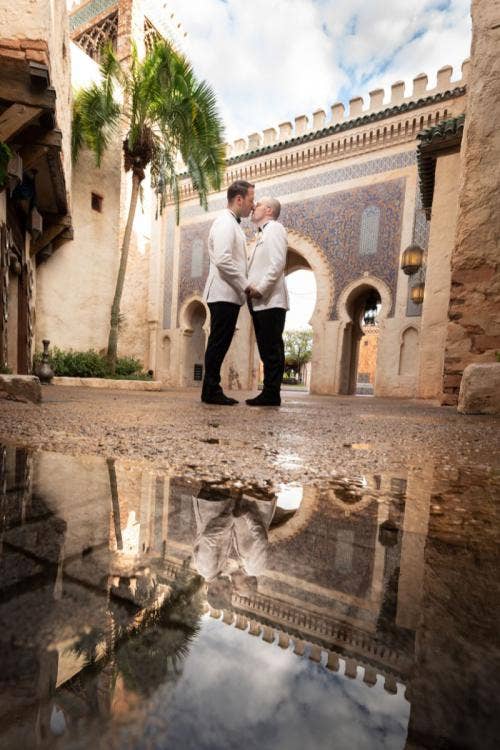 groom groom, couple, LGBTQ, portrait, couple portrait, Epcot, Morocco, Morocco pavilion, park portrait, park portrait session