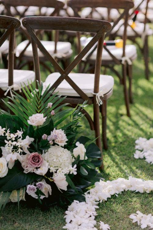 wedding ceremony, ceremony, custom chairs, chairs, tropical floral, ceremony floral, Aulani, Hawaii, lanikuhonua
