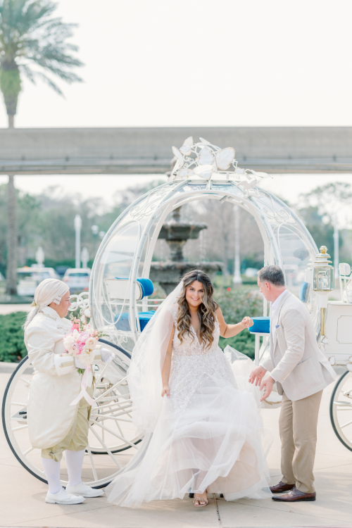 bride and father, father daughter, cinderella's coach, coach, disney's wedding pavilion