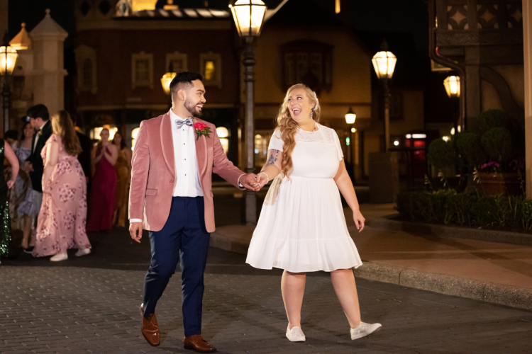 bride and groom, couple, reception, wedding reception, reception entrance, entrance, wedding reception entrance, candid, uk pavilion, UK, united kingdom, epcot