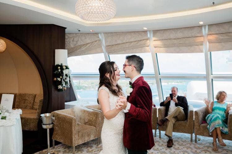 bride and groom, couple, first dance, wedding reception, reception, cake and champagne, celebration, wedding celebration, candid, dance, disney cruise line, cruise line, cruise, disney cruise, disney dream