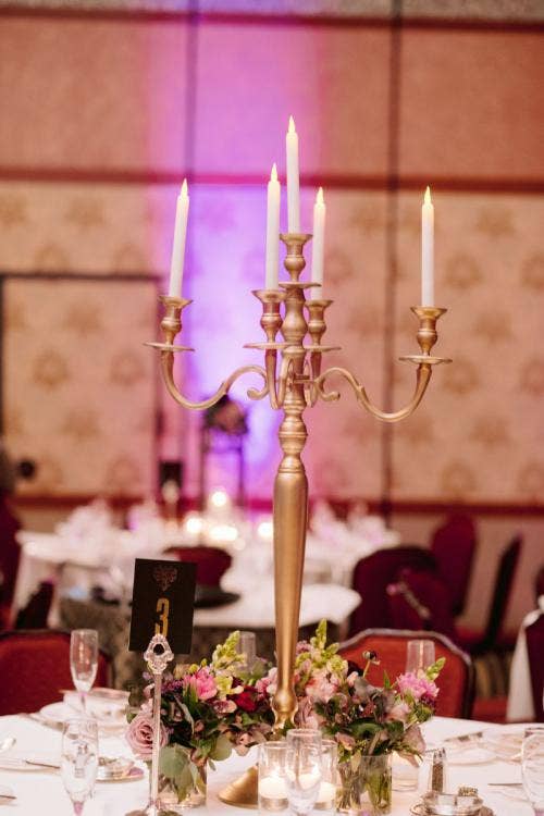 wedding reception, reception, reception decor, decor, tables, table decor, table centerpieces, centerpieces, gold candelabras, candelabras, moody aesthetic, halloween, halloween theme