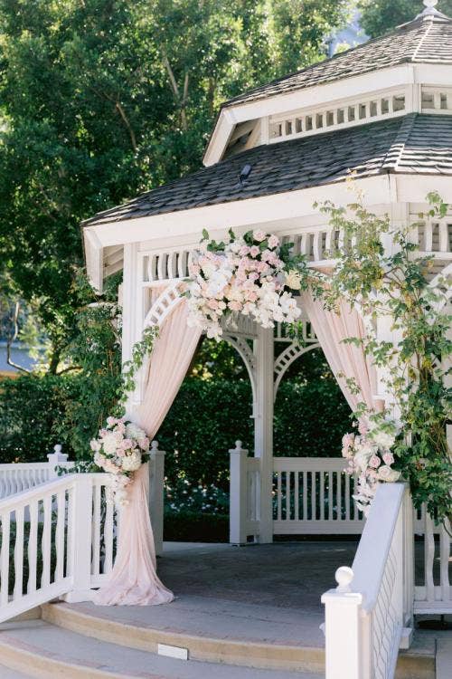 wedding ceremony, ceremony, altar, altar area, altar decor, altar floral, drape, pink drape, altar drape, boho floral, boho, pink boho, Disneyland, Disneyland Hotel, rose court, rose court garden