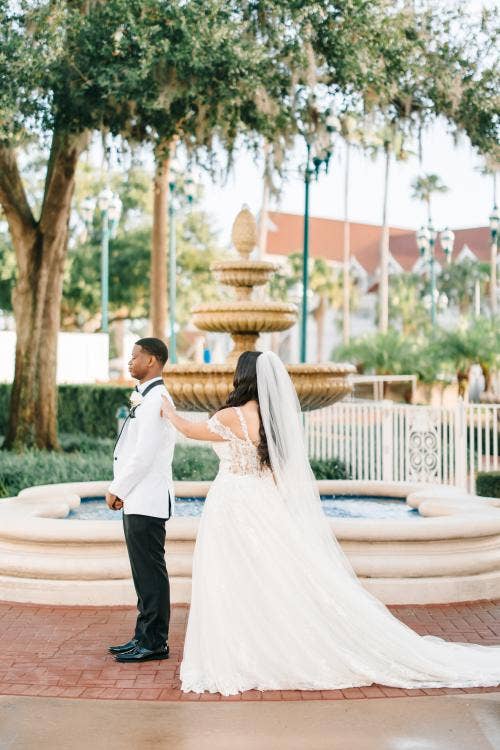 bride and groom, couple, first look, couple first look, grand Floridian, Disney's grand Floridian resort & spa