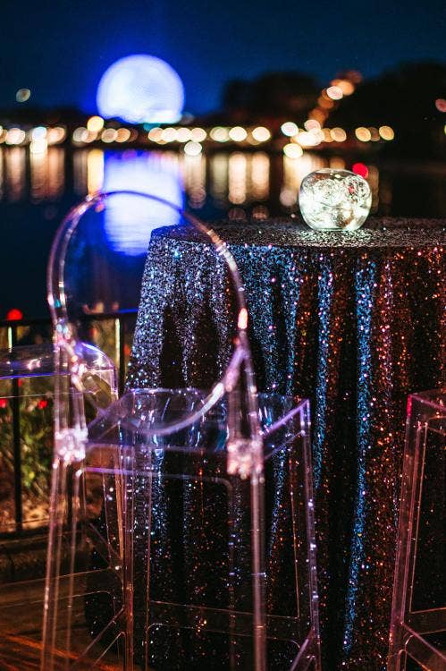 GMA wedding, GMA, welcome party, fireworks dessert party, epcot, custom chairs, clear chairs, table cloth, space theme, space, outer space, germany promenade