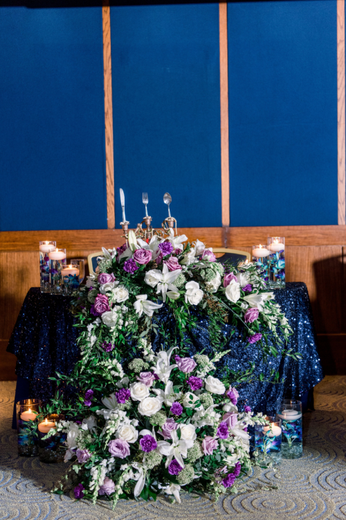 wedding reception, reception, sweetheart table, table, table decor, reception table decor, table floral, reception floral, sea theme, sea, under the sea, living seas, living seas salon, living seas reception, epcot