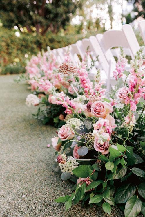 wedding ceremony, ceremony, ceremony decor, ceremony floral, floral, pink floral, pink roses, moody aesthetic, moody floral
