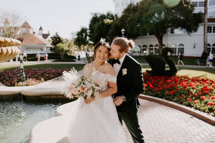 couple, bride and groom, portrait, couple portrait, boho floral, floral, bridal bouquet, grand Floridian, Disney's grand Floridian resort