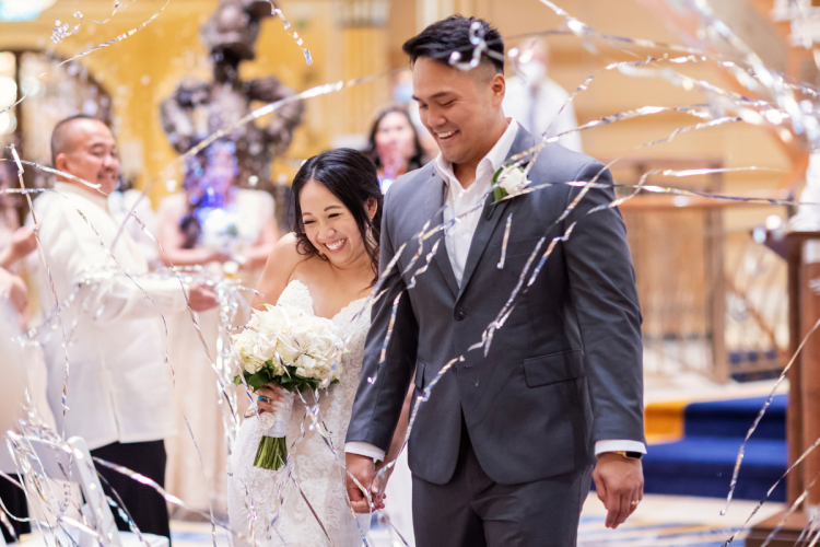 bride and groom, couple, just married, wedding ceremony, atrium, disney cruise line, cruise, cruise line, disney cruise, cruise wedding, disney cruise line wedding, disney dream, ceremony